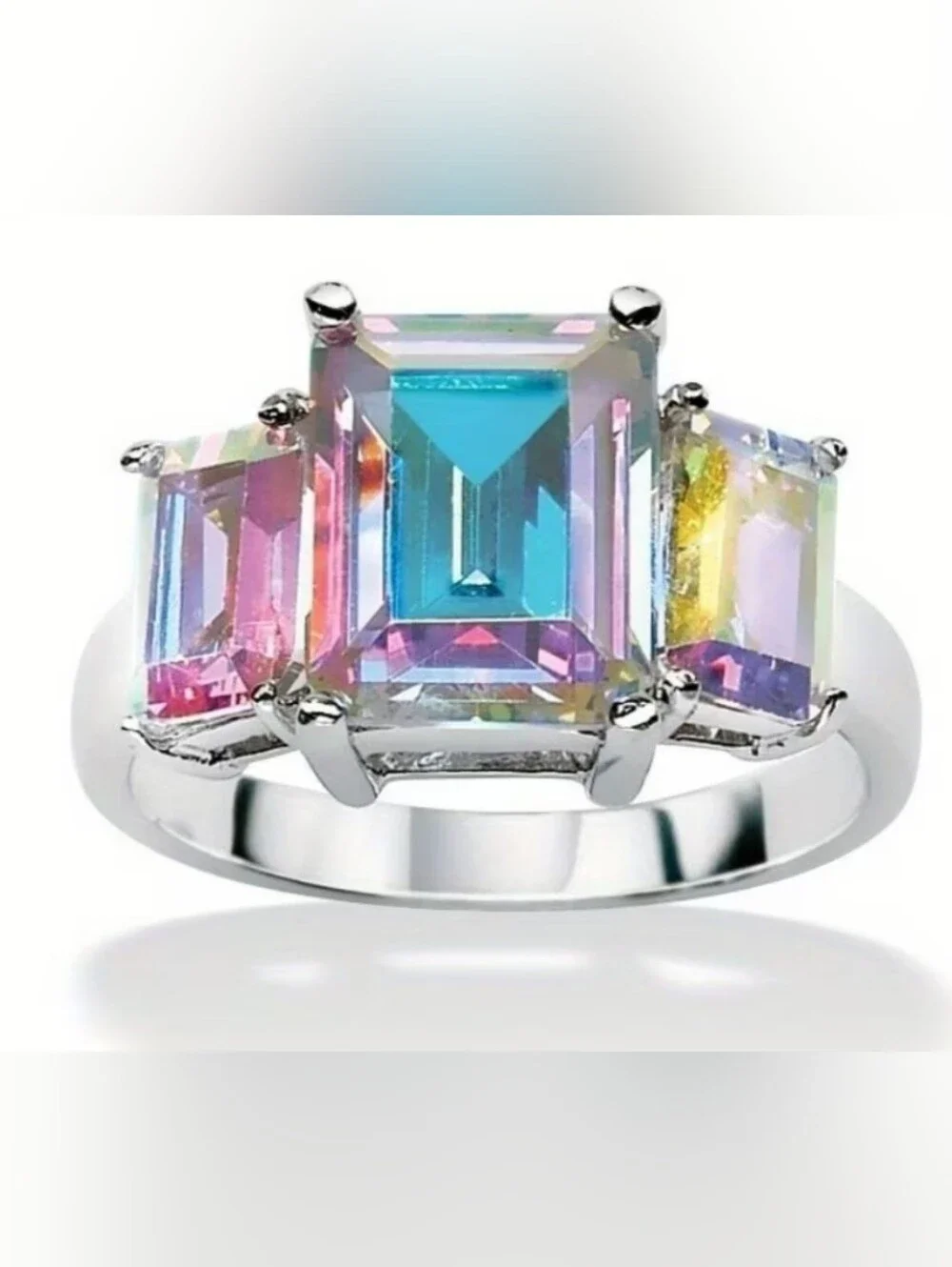 Silver-Setting Aurora Three-Stone Emerald-Cut Ring in Multicolor